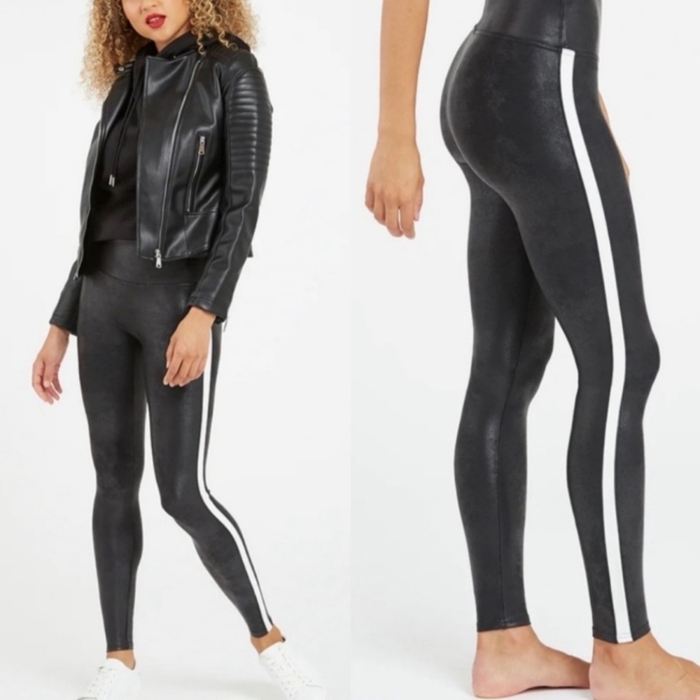 Spanx Faux Leather Side Stripe Stretchy Leggings Very Black White Size Medium